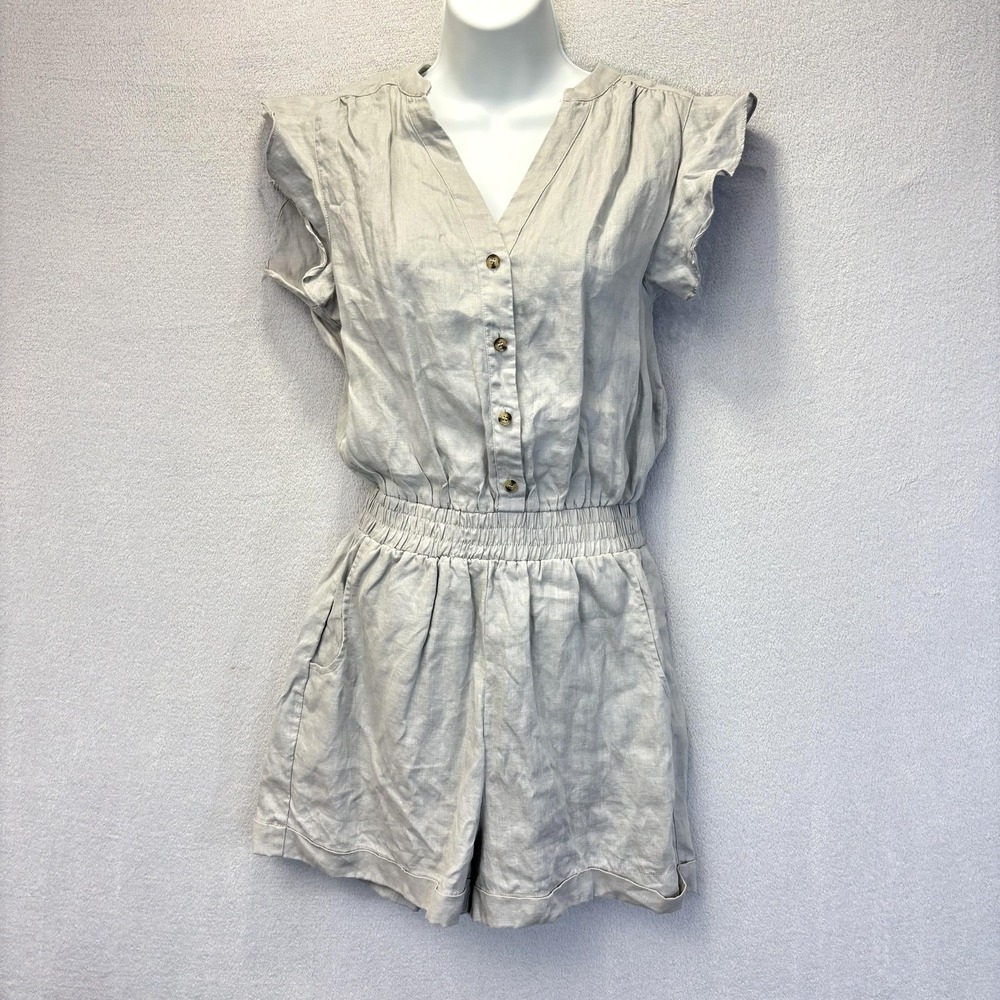 Grade & Gather Linen Romper‎ Womens Small Gray V Neck Ruffle Pockets Summer